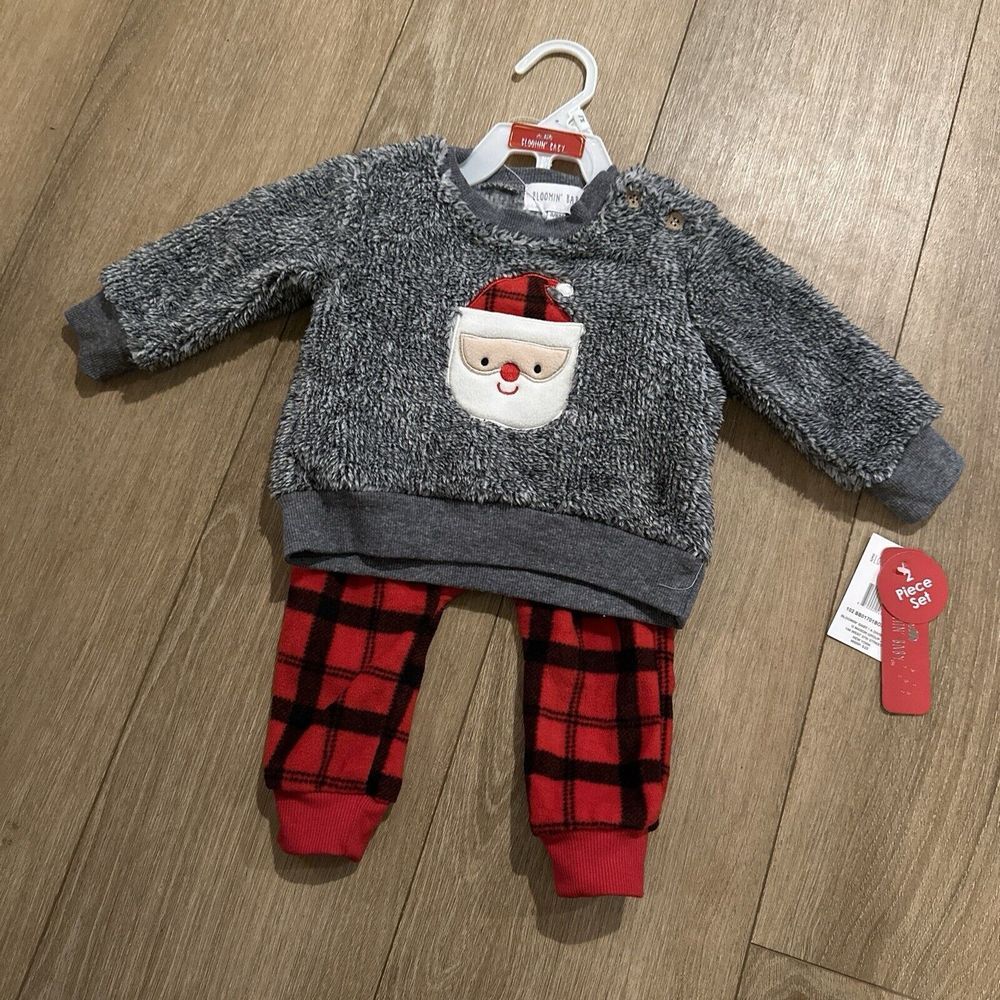 Santa Claus 2 Piece Baby Outfit Buffalo Plaid Pants Size 3-6 Months
